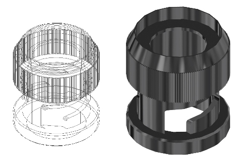 BNC-koppeling: wireframe en gerendered (AutoCAD)